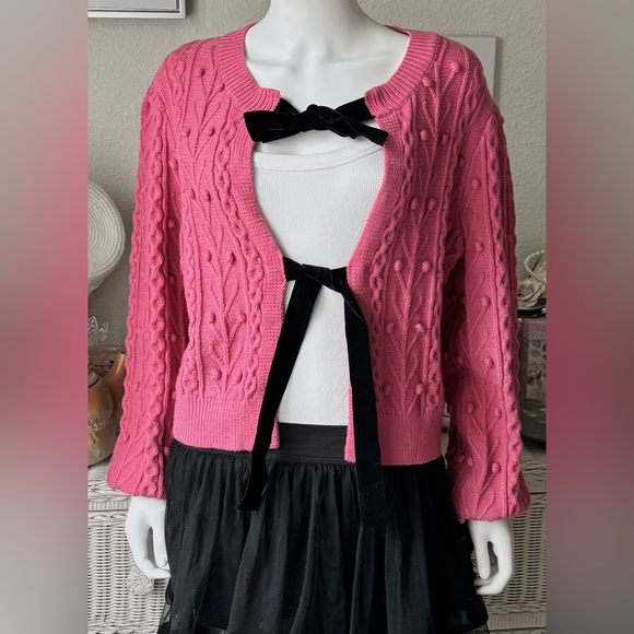 Cider Sweaters - Cider Cardigan Popcorn Cable Knit Buttonless Pink Black Ties Size Juniors XL NWT
